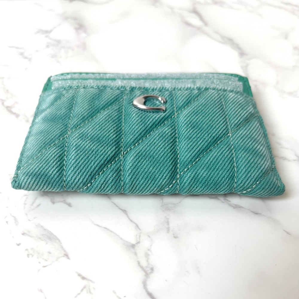 New Coach Quilted Denim Card Case Mini Wallet Holder Green - Picture 7 of 8